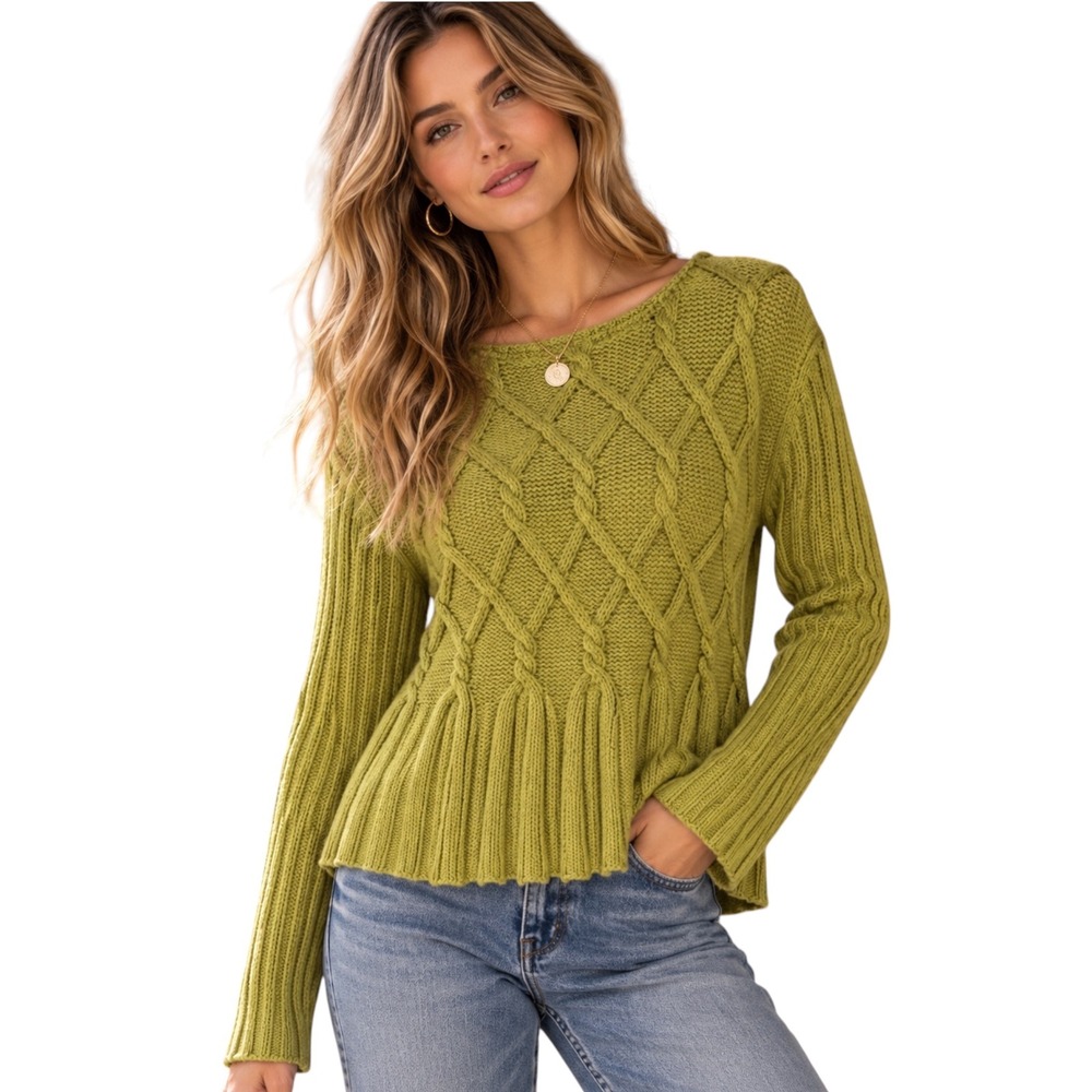 Vintage Alexandra Bartlett Cable Knit Sweater XL Lime Green Preppy Fisherman